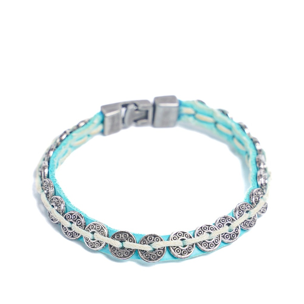Handmade Teal Suede Bracelet Metal Circles size Small